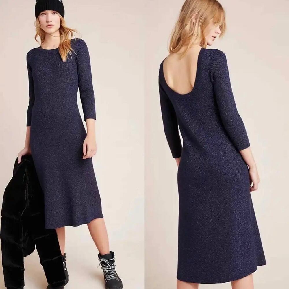 Anthropologie Selena Metallic Shimmer Navy Blue Knit Midi Dress Size Small